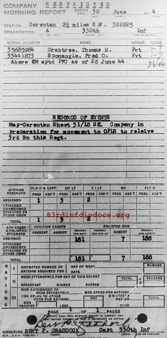 Morning report A Co, 1944-06-30, page 1 Morning report