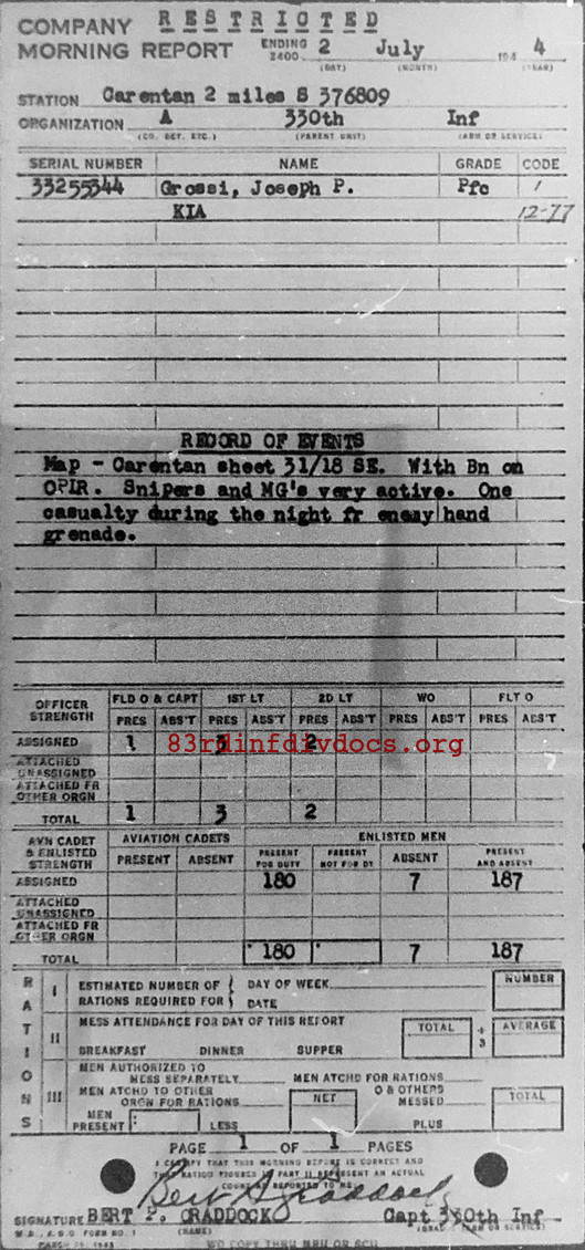 Morning report A Co, 1944-07-02, page 1 Morning report