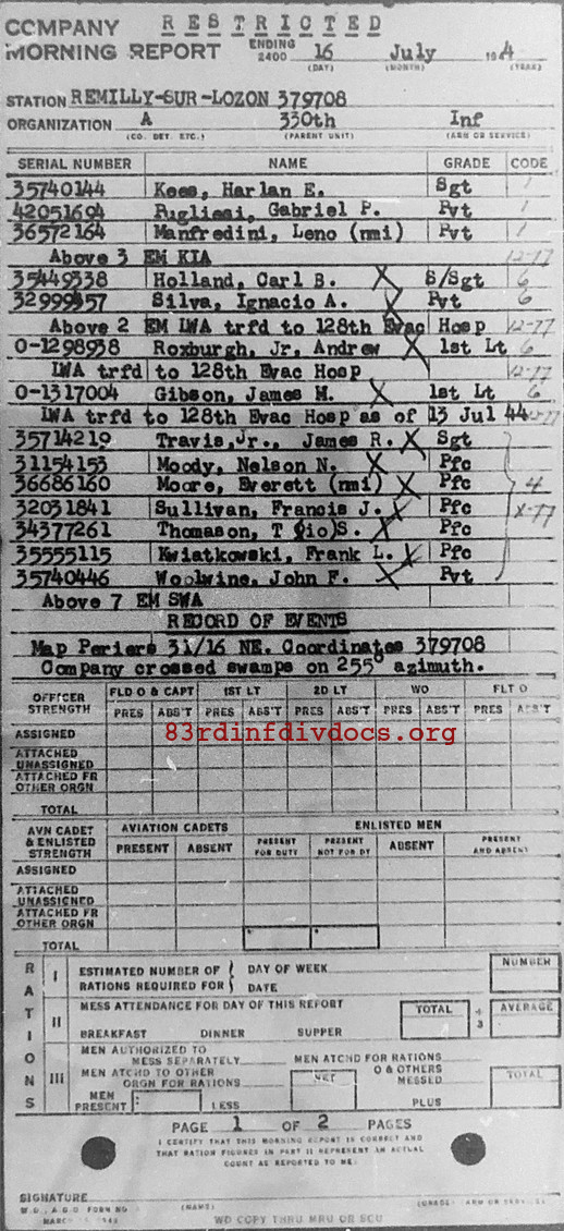 Morning report A Co, 1944-07-16, page 1 Morning report