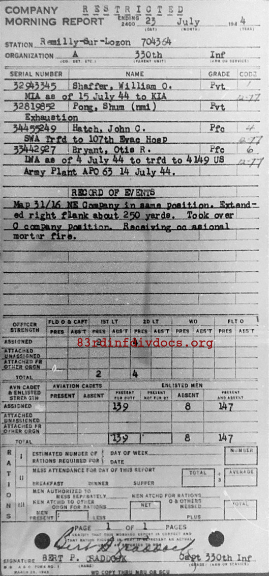 Morning report A Co, 1944-07-23, page 1 Morning report