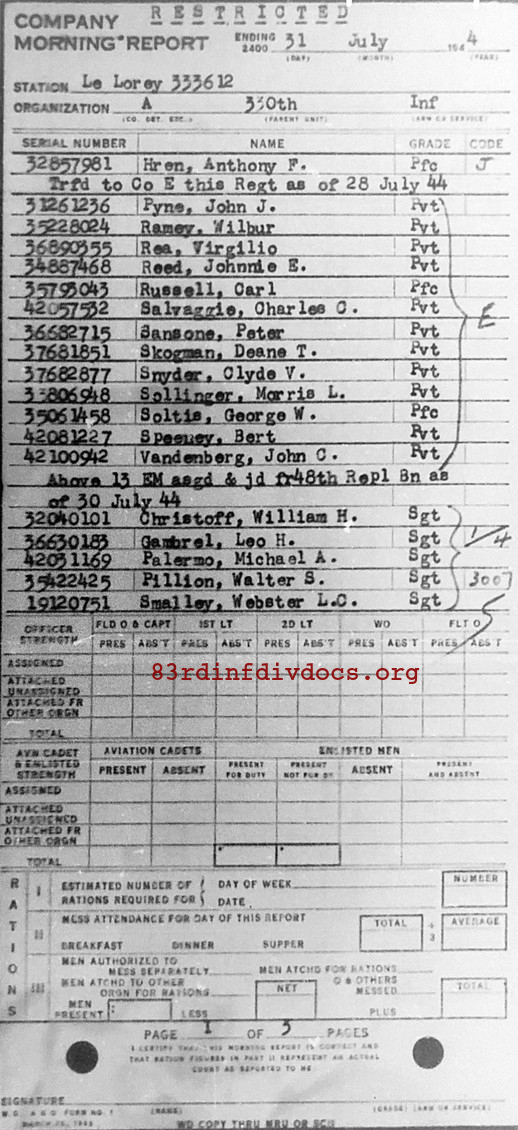 Morning report A Co, 1944-07-31, page 1 Morning report
