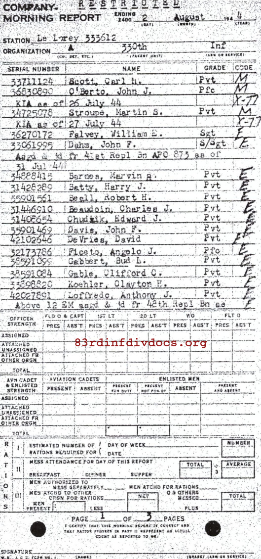 Morning report A Co, 1944-08-02, page 1 Morning report