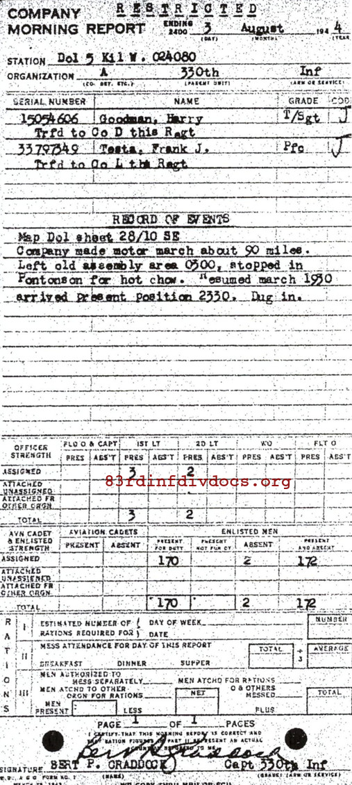 Morning report A Co, 1944-08-03, page 1 Morning report
