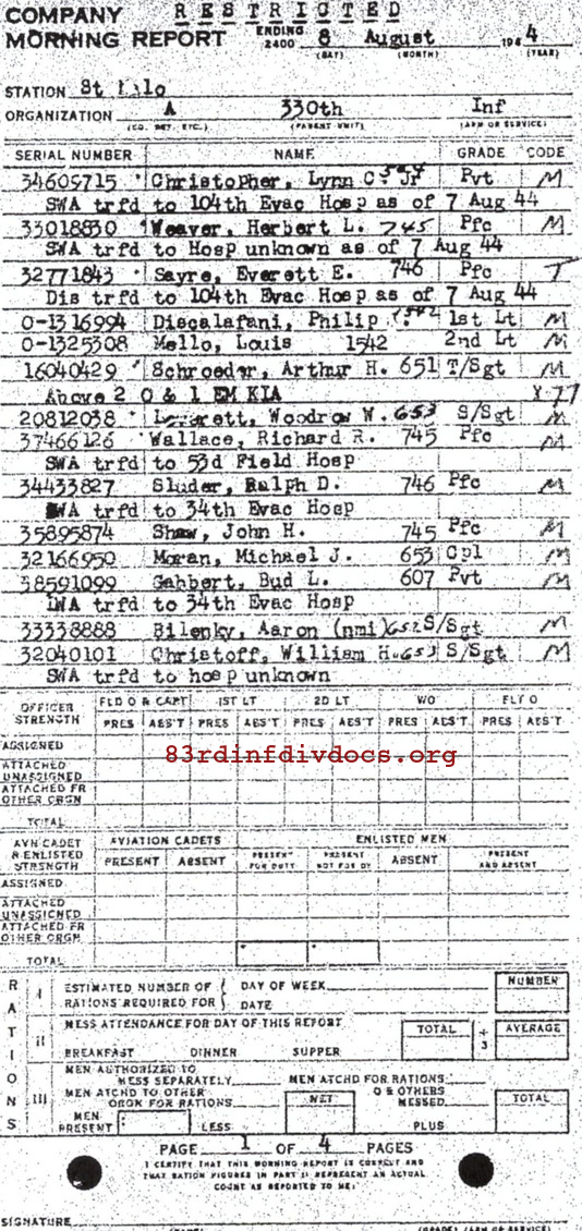 Morning report A Co, 1944-08-08, page 1 Morning report
