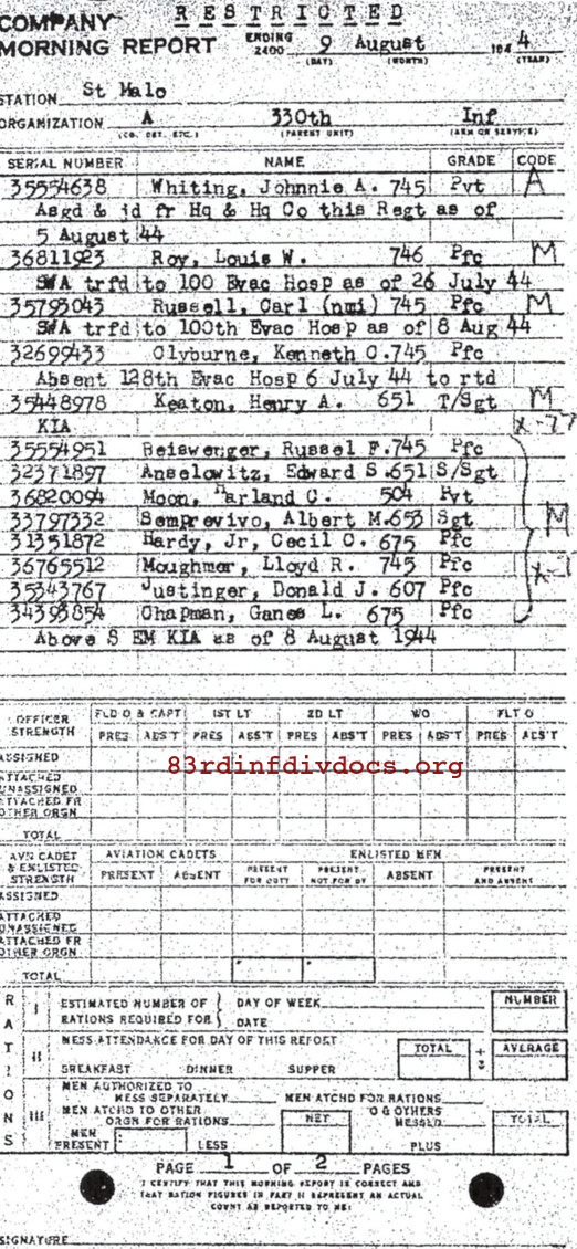 Morning report A Co, 1944-08-09, page 1 Morning report