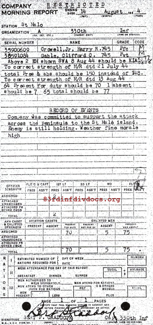 Morning report A Co, 1944-08-14, page 1 Morning report