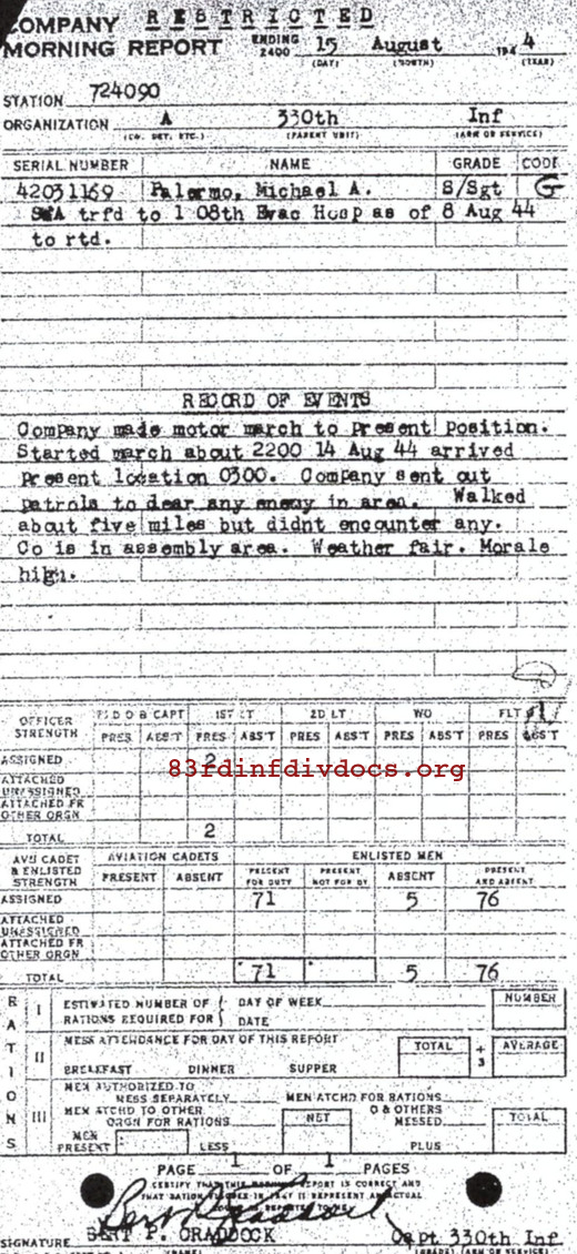 Morning report A Co, 1944-08-15, page 1 Morning report
