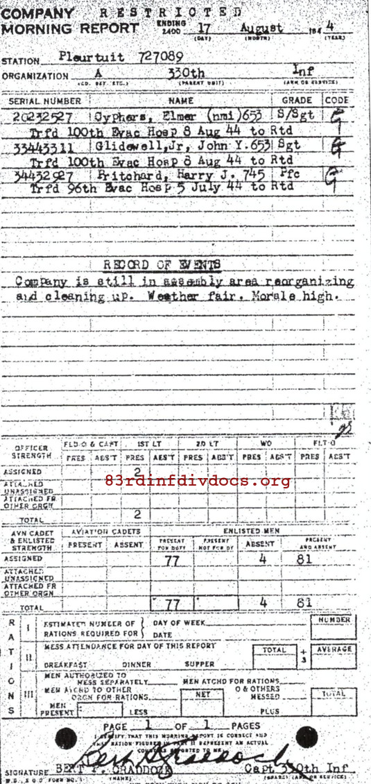 Morning report A Co, 1944-08-17, page 1 Morning report