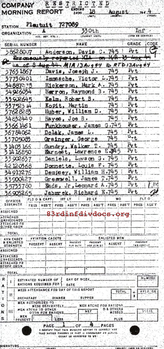 Morning report A Co, 1944-08-18, page 1 Morning report