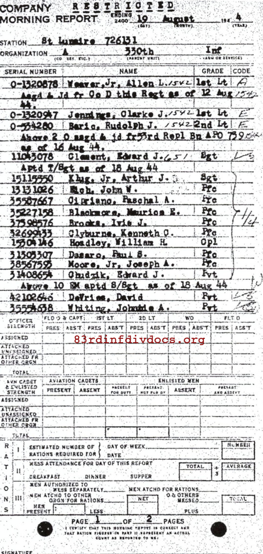 Morning report A Co, 1944-08-19, page 1 Morning report