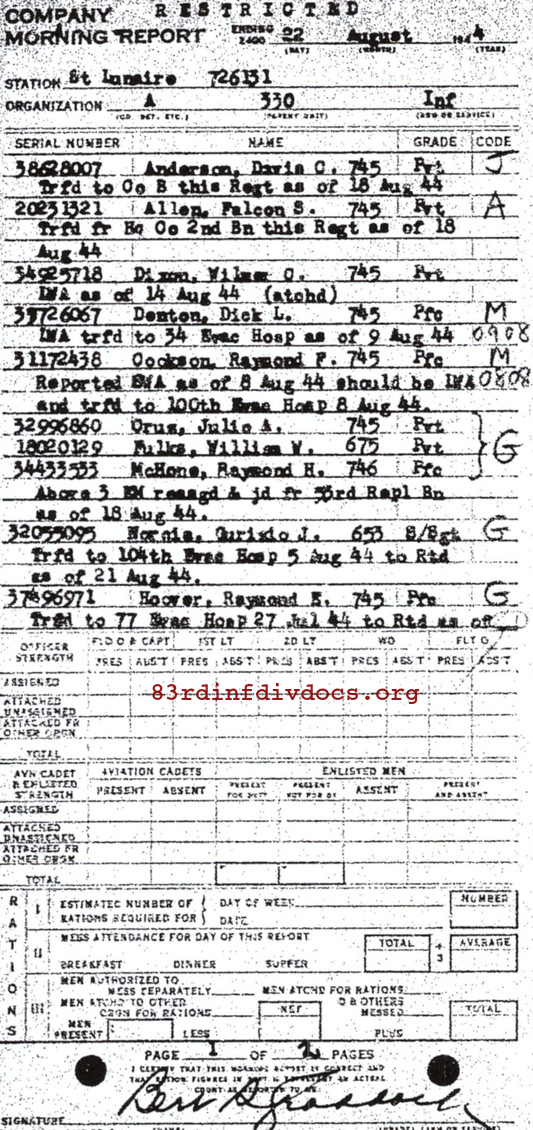 Morning report A Co, 1944-08-22, page 1 Morning report