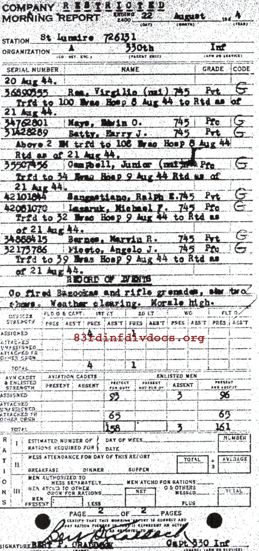 Morning report A Co, 1944-08-22, page 2 Morning report