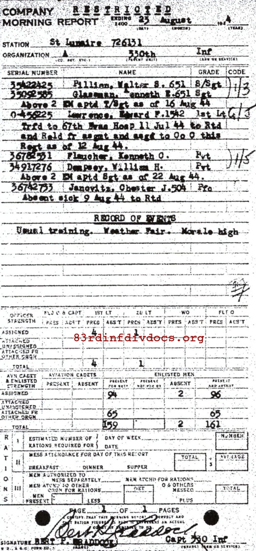 Morning report A Co, 1944-08-23, page 1 Morning report