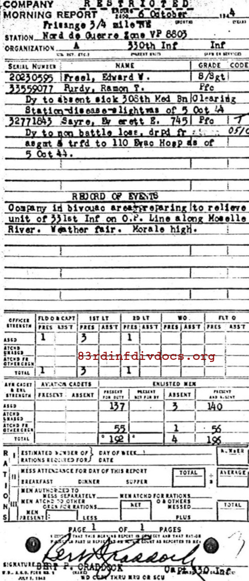 Morning report A Co, 1944-10-06, page 1 Morning report