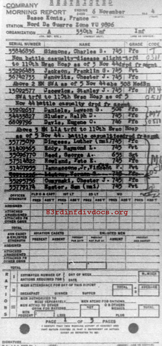 Morning report A Co, 1944-11-06, page 1 Morning report
