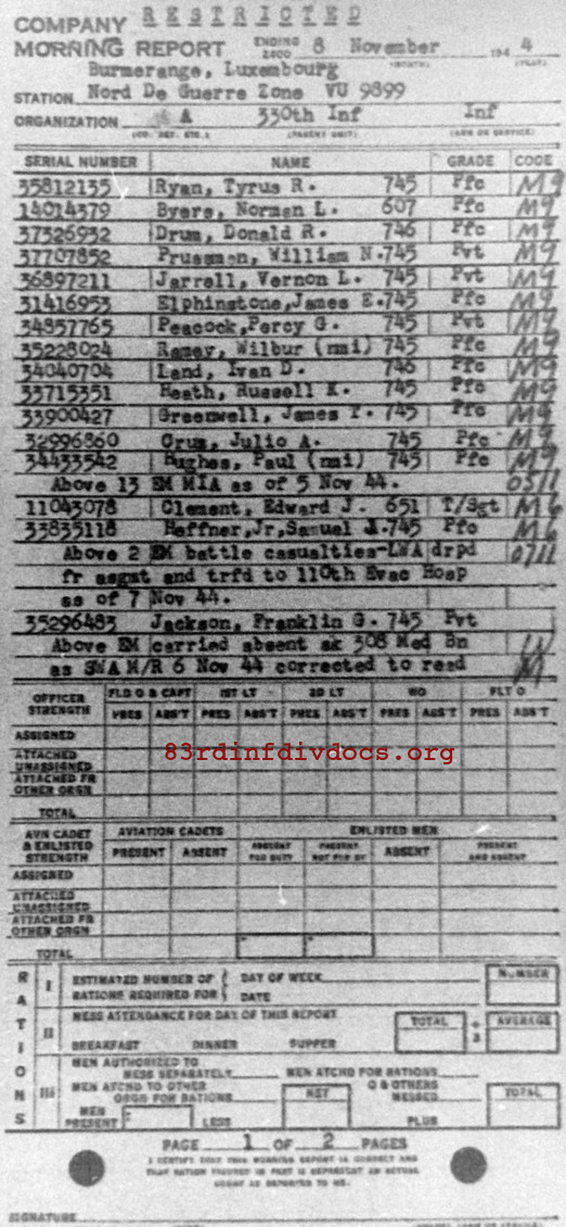 Morning report A Co, 1944-11-08, page 1 Morning report