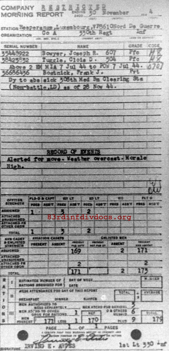 Morning report A Co, 1944-11-30, page 1 Morning report