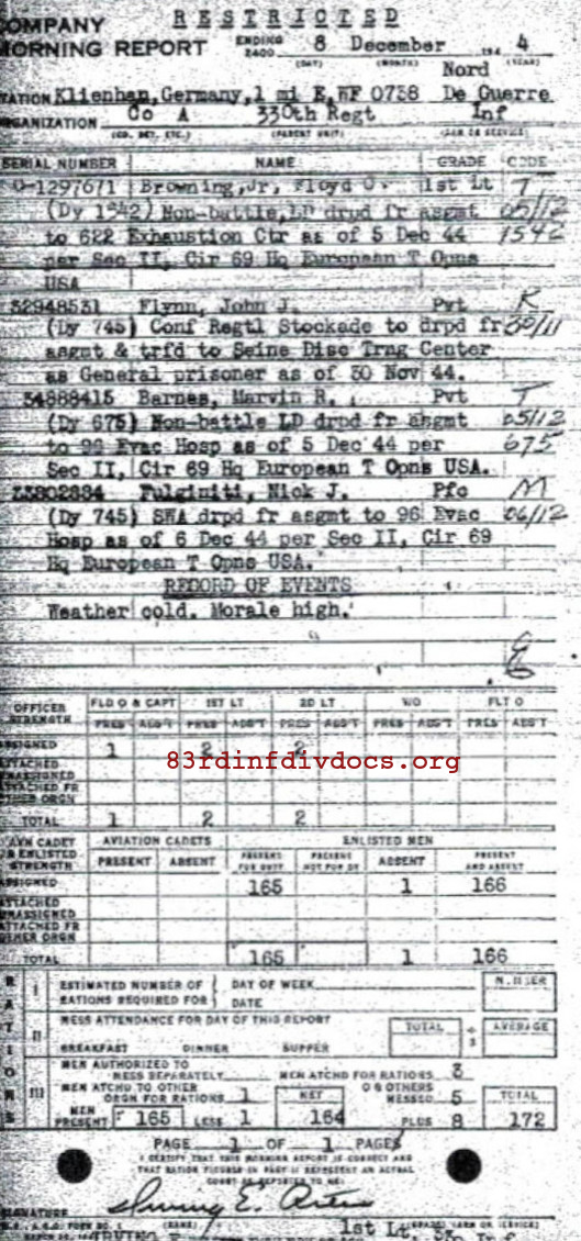 Morning report A Co, 1944-12-08, page 1 Morning report