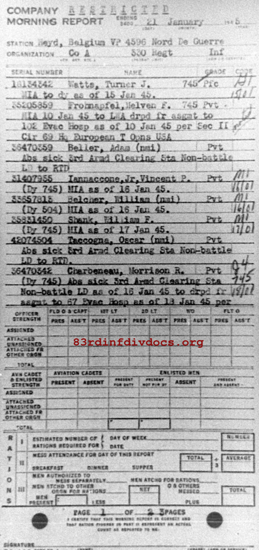 Morning report A Co, 1945-01-21, page 1 Morning report