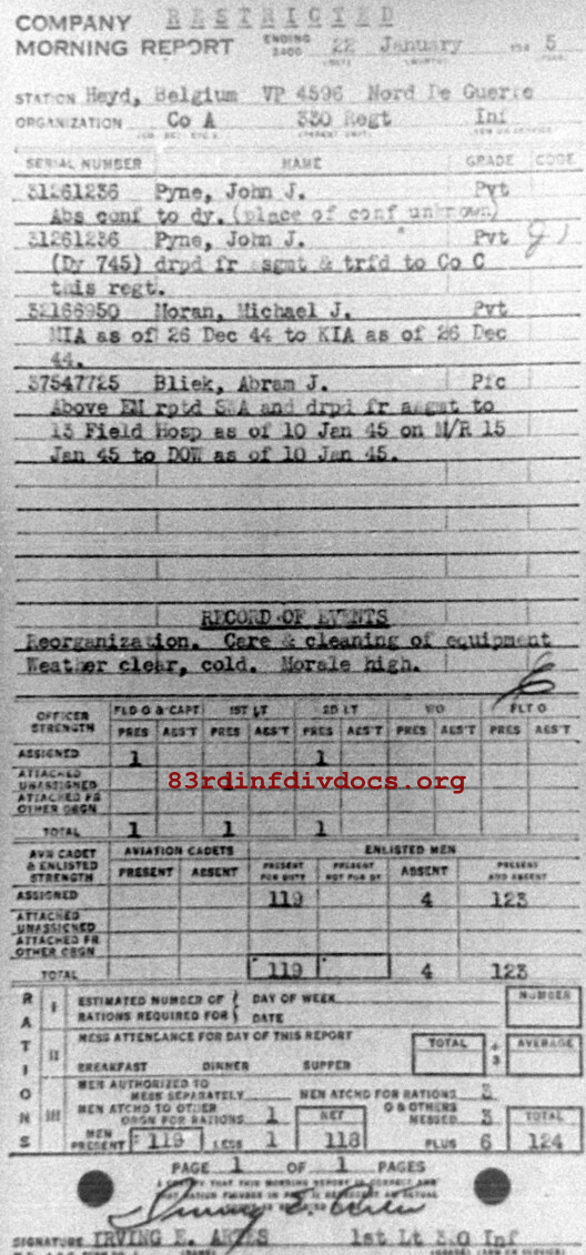 Morning report A Co, 1945-01-22, page 1 Morning report