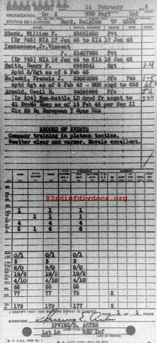 Morning report A Co, 1945-02-14, page 1 Morning report