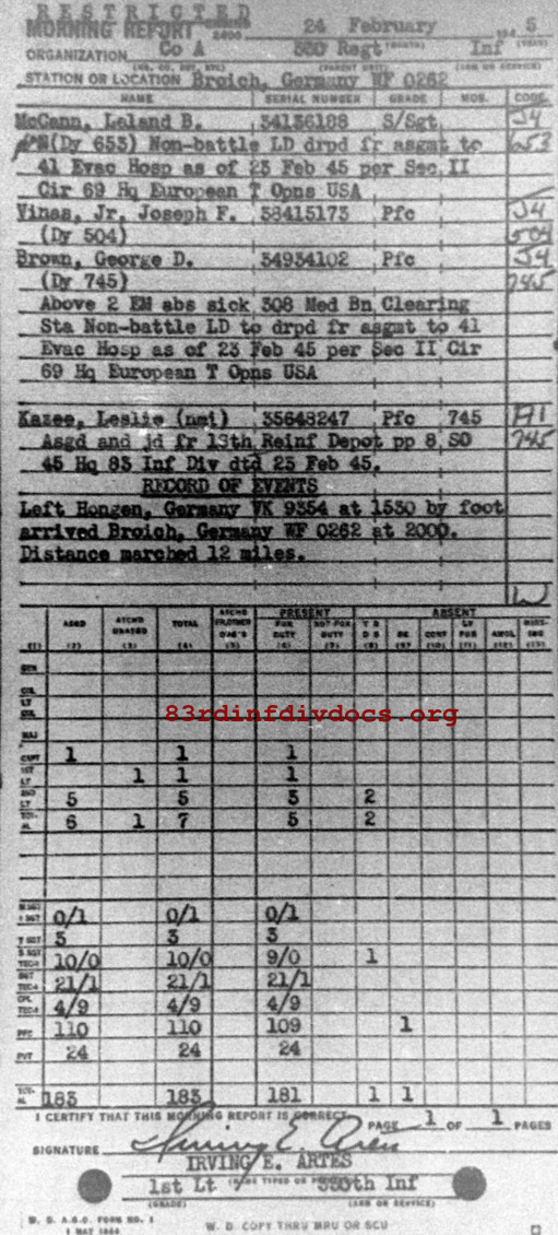 Morning report A Co, 1945-02-24, page 1 Morning report