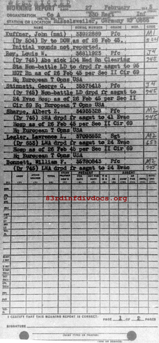 Morning report A Co, 1945-02-27, page 1 Morning report