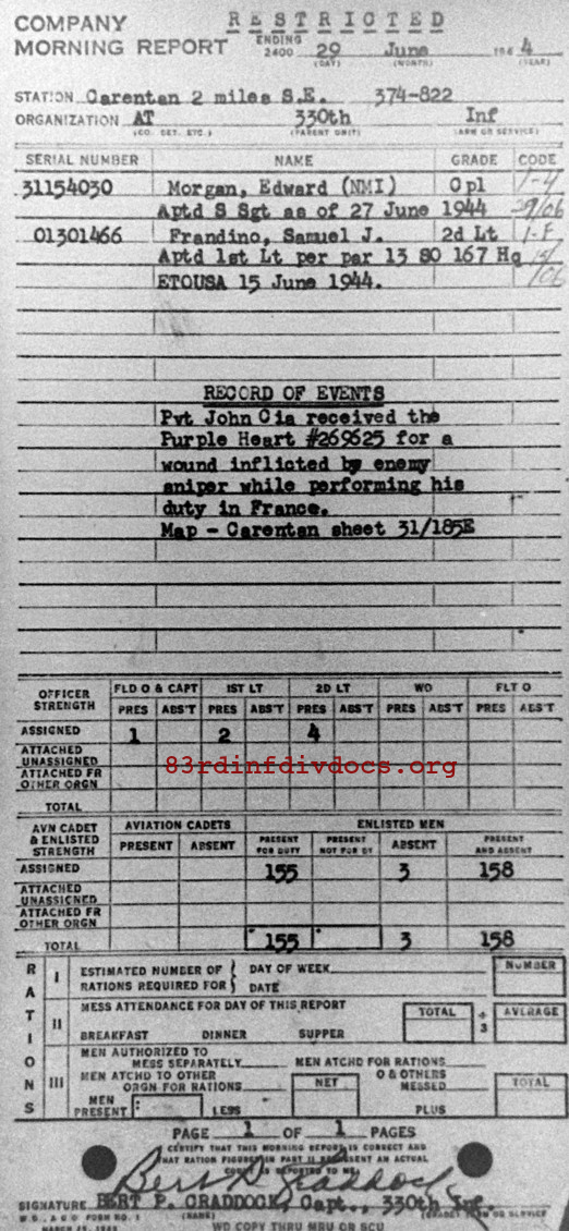 Morning report ATCO Co, 1944-06-29, page 1 Morning report