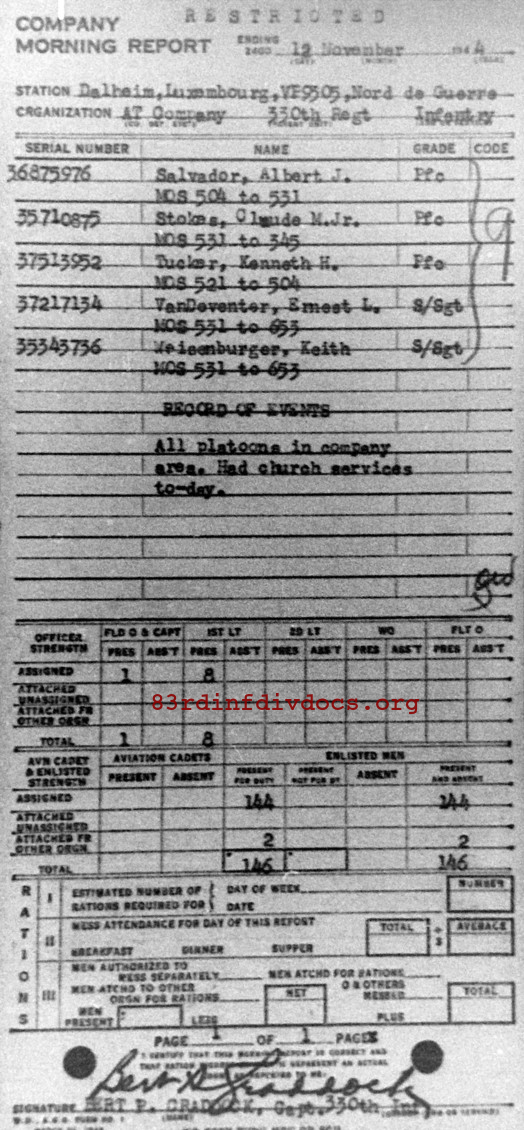 Morning report ATCO Co, 1944-11-12, page 1 Morning report
