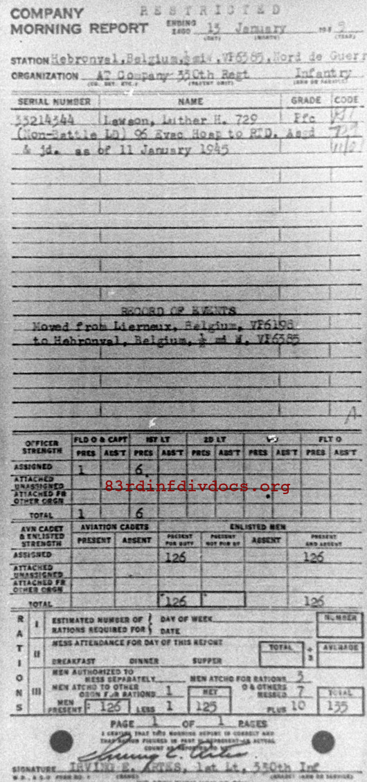 Morning report ATCO Co, 1945-01-13, page 1 Morning report