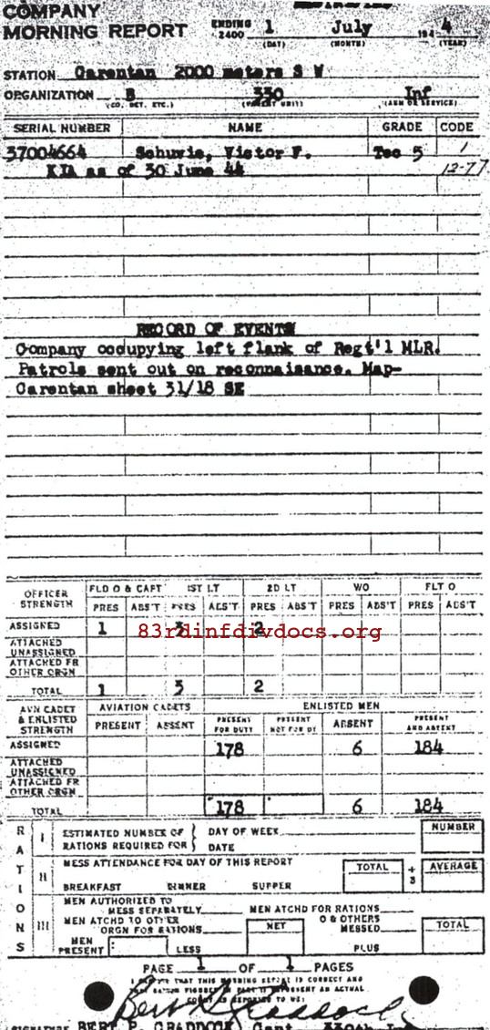 Morning report B Co, 1944-07-01, page 1 Morning report
