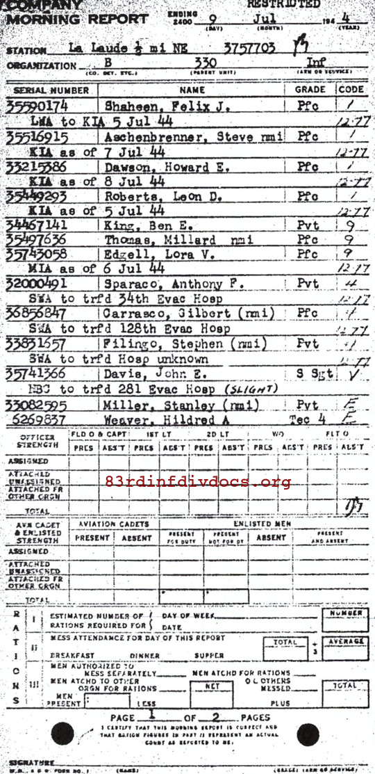 Morning report B Co, 1944-07-09, page 1 Morning report