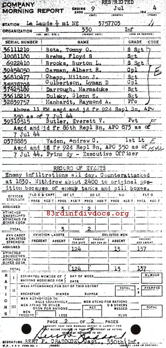 Morning report B Co, 1944-07-09, page 2 Morning report