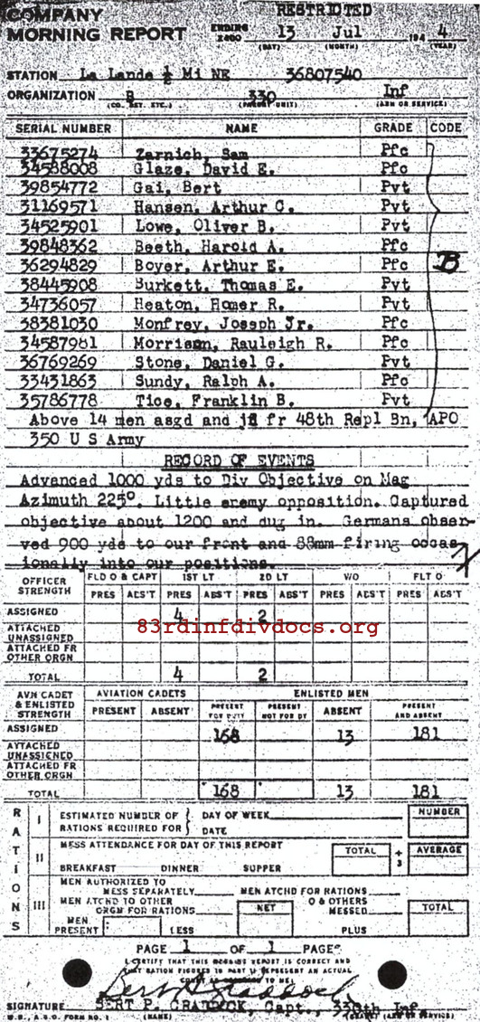 Morning report B Co, 1944-07-13, page 1 Morning report