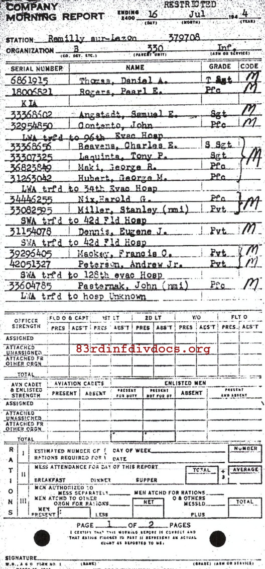 Morning report B Co, 1944-07-16, page 1 Morning report
