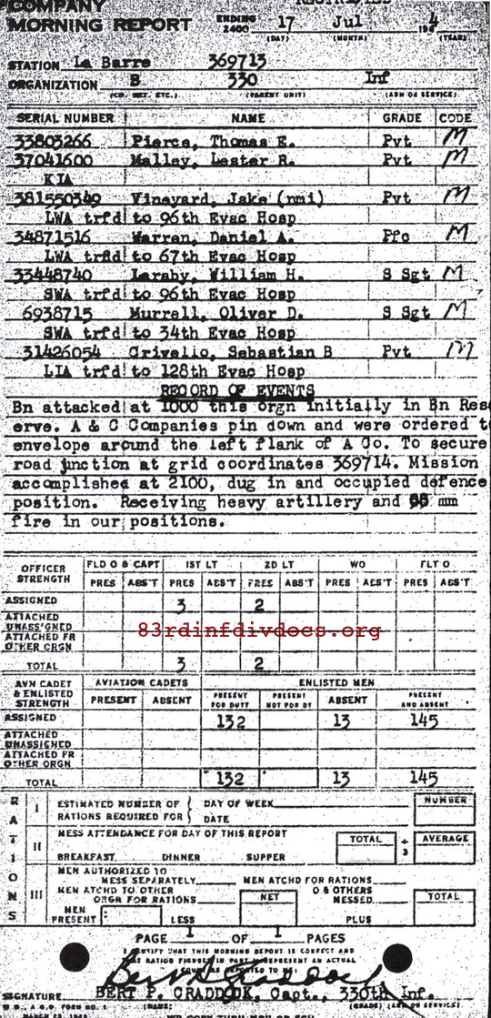Morning report B Co, 1944-07-17, page 1 Morning report