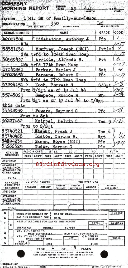 Morning report B Co, 1944-07-25, page 1 Morning report