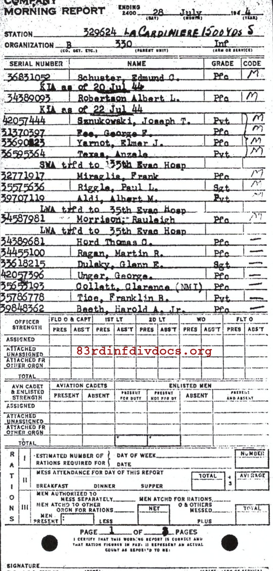 Morning report B Co, 1944-07-28, page 1 Morning report