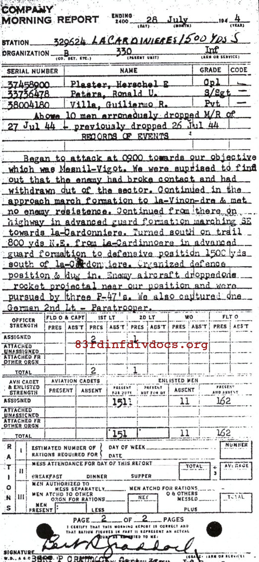 Morning report B Co, 1944-07-28, page 2 Morning report
