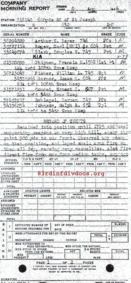 Morning report B Co, 1944-08-08, page 1 Morning report