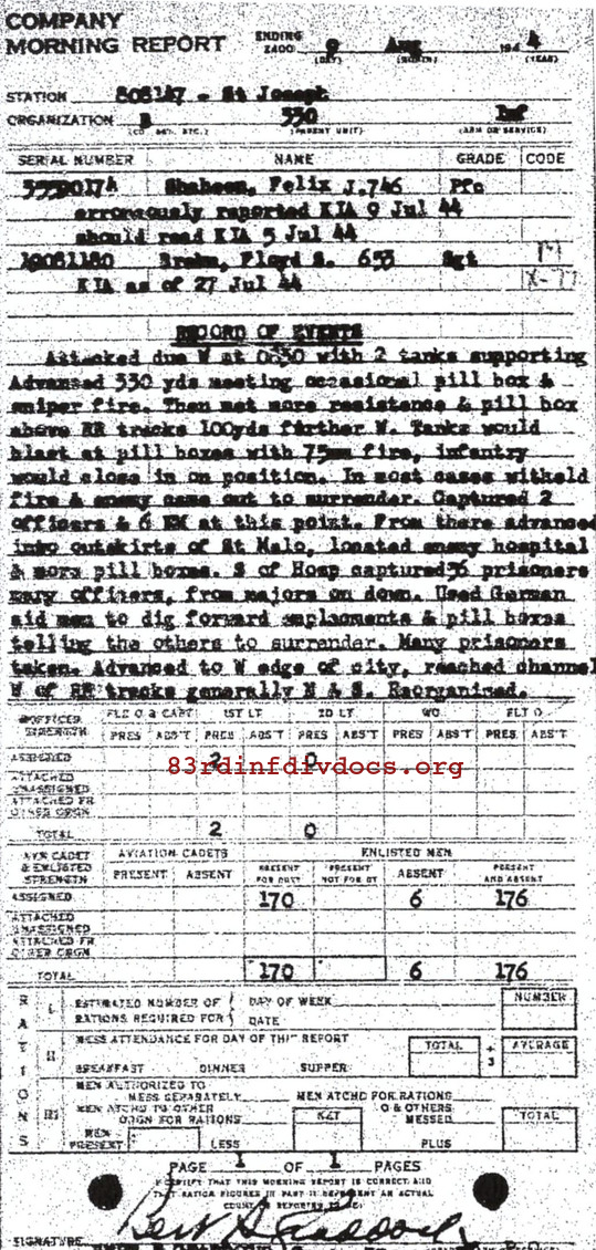 Morning report B Co, 1944-08-09, page 1 Morning report