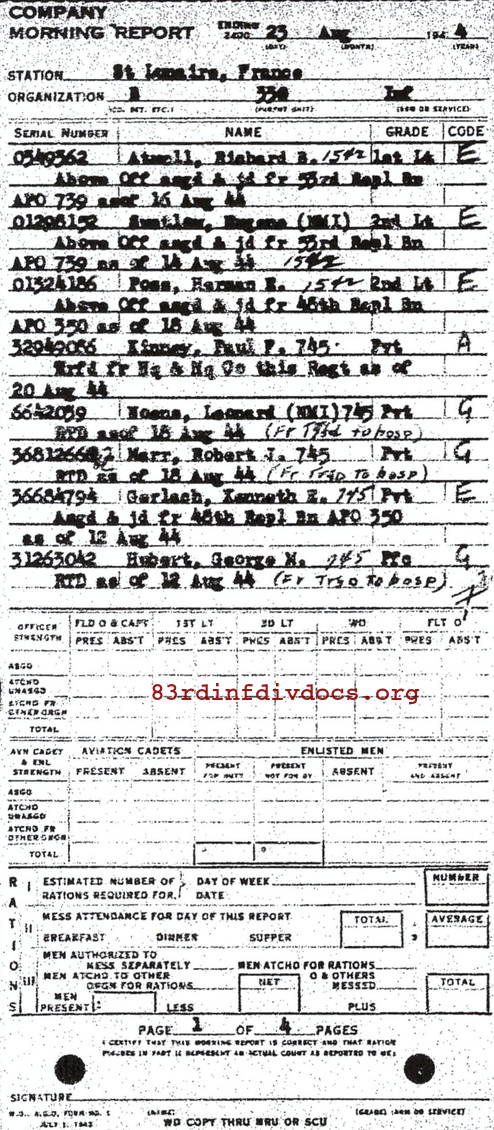 Morning report B Co, 1944-08-23, page 1 Morning report