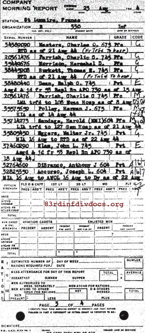 Morning report B Co, 1944-08-23, page 3 Morning report