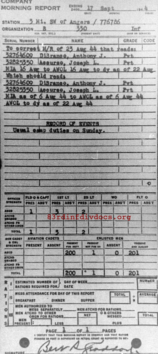 Morning report B Co, 1944-09-17, page 1 Morning report