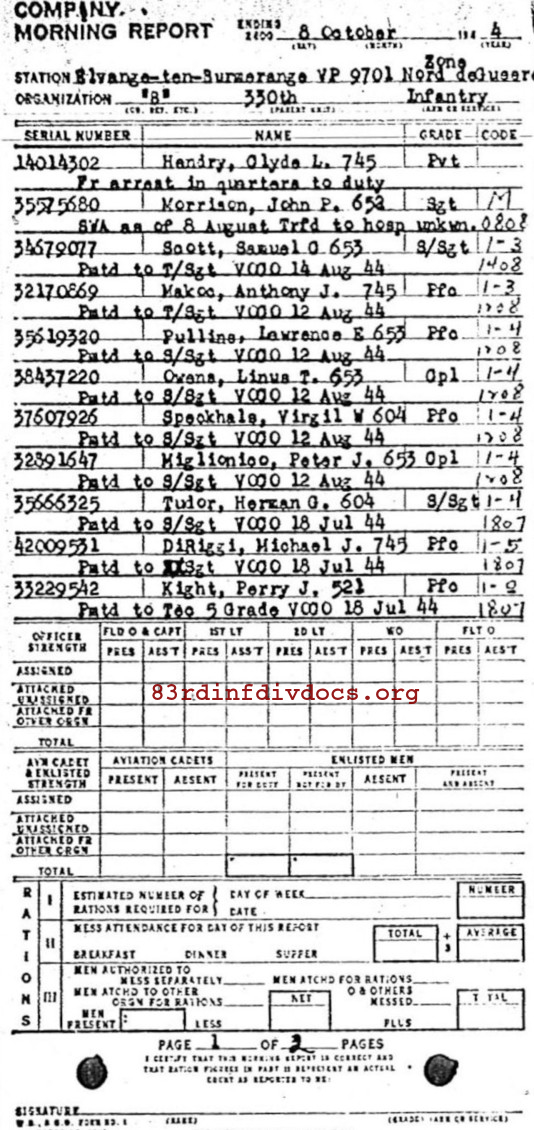 Morning report B Co, 1944-10-08, page 1 Morning report