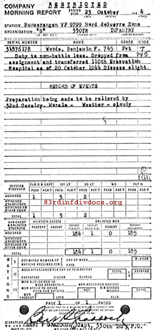 Morning report B Co, 1944-10-23, page 1 Morning report