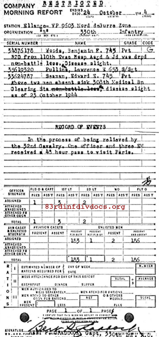 Morning report B Co, 1944-10-24, page 1 Morning report