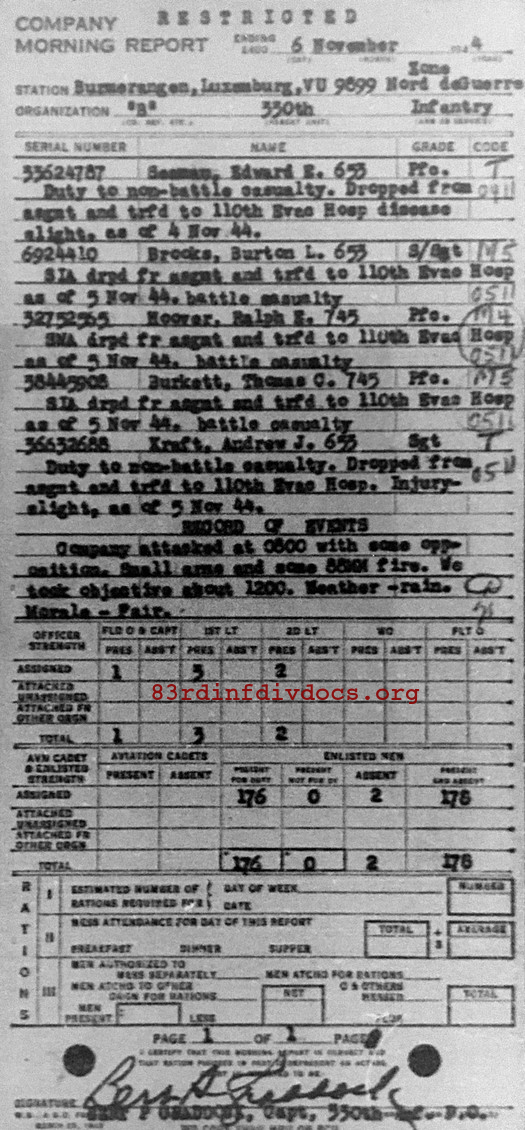 Morning report B Co, 1944-11-06, page 1 Morning report