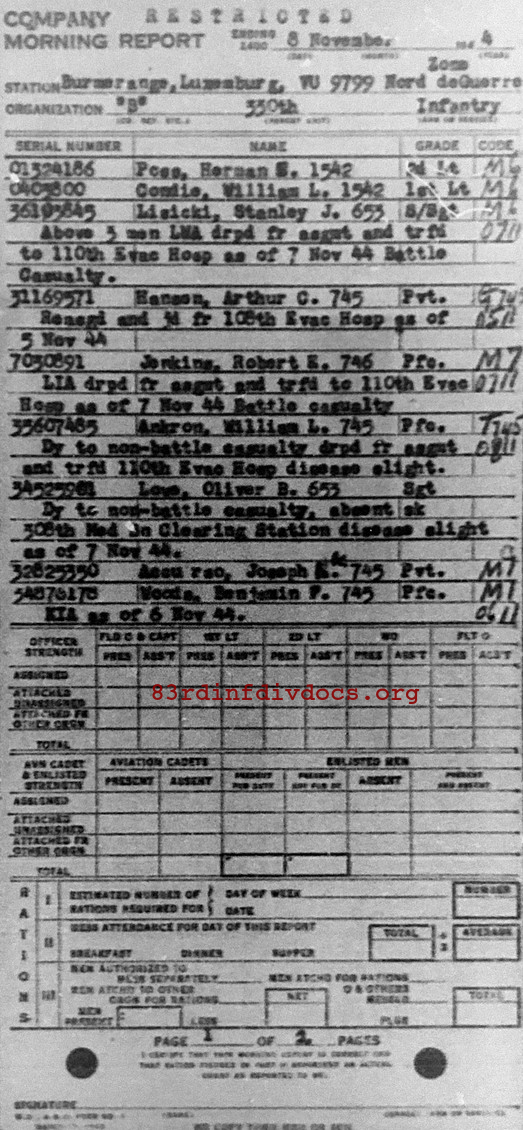 Morning report B Co, 1944-11-08, page 1 Morning report