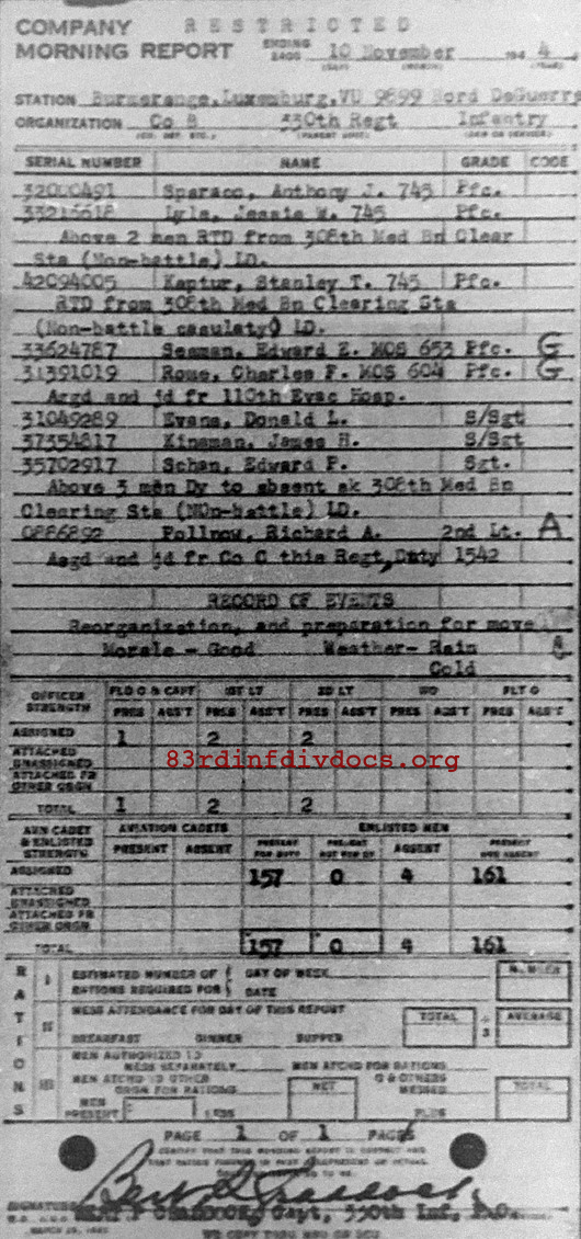 Morning report B Co, 1944-11-10, page 1 Morning report